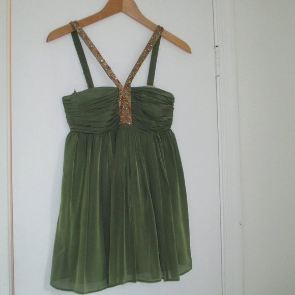 Alice & Olivia: Boho Chic,  Olive Green & Gold beaded Top, size XS - Picture 1 of 5